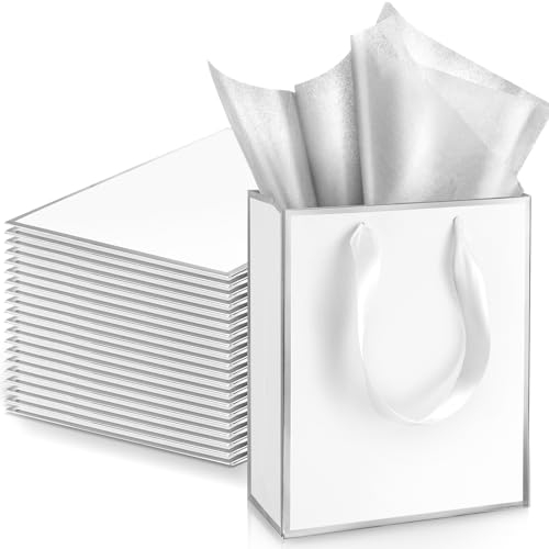 Yeaqee Metallische Papier-Geschenktüten mit Griff und Seidenpapier, 22,9 x 17,8 x 7,9 cm, Willkommensgeschenk, Dankestüten für Hochzeit, Vatertag, Brautparty, Trauzeugen, Geburtstagsparty (Weiß