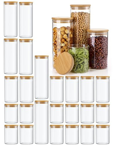 Qinyoung 24 Stück Glas-Frischhaltedosen mit Bambus-Holzdeckel, Glasbehälter für Lebensmittelaufbewahrung, luftdichte Glasdosen für Süßigkeiten, Kekse, Reis, Zucker, Mehl, Nudeln, Nüsse, Gewürze