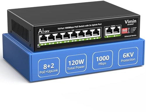 Switch Gigabit PoE de 10 Puertos con 8 Puertos PoE, VIMIN Switch de Red PoE de 8 Puertos no Gestionado 10/100/1000Mbps con 2 Puertos Uplink, AI Watchdog, VLAN, Extender 250m, Soporte IEEE802.3af/at