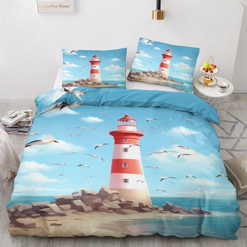 NIYAKA Leuchtturm Bettwäsche 135x200 2 teilig - Blau Bettbezug, Sommer Bettwäsche-Sets, Weich & Bügelfrei Mikrofaser Wendebettwäsche und 1 Kissenbezug 80x80 mit Reißverschlus