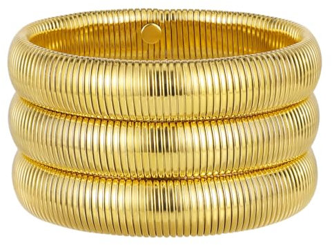 Emibele Armband-Set 3 Stück, 16mm 18K vergoldetes Rostfreier Stahl Armband Stapelbares Stretch-Armband Elastisches Schlangenketten-Armband, Einfaches Modisches Stapelarmband für Frauen Teenager, Gold