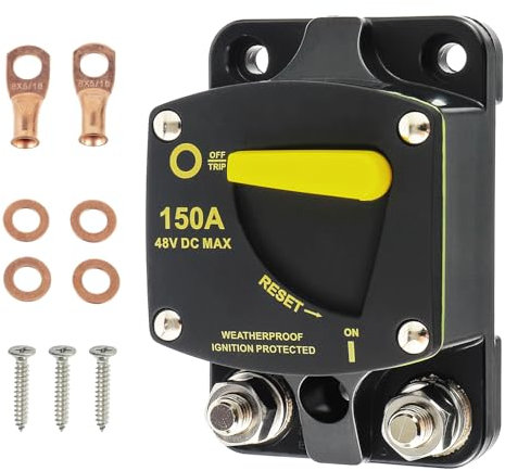 HUAREW 150A Disjoncteur Étanche avec Réinitialisation Manuelle 12-48V DC Fusiblespour Moteur Auto Voiture Marine Bateau Vélo Stéréo Audio, Avec œillets métalliques Vis à rondelle en cuivre