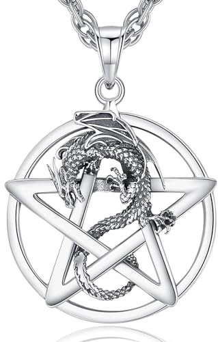 INFUSEU Wikinger Halskette für Männer, 925 Sterling Silber Lebensbaum Yggdrasil Anhänger Wolf Schmuck Valknut Jormungandr Odin Raven Allah Geschenk für Männer (02-Pentagramm Drache)