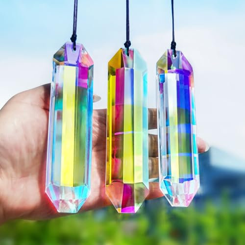 HDCRYSTALGIFTS 3 Stück 12,7 cm große Kristall-Sonnenfänger-Prismen für Fenster, AB-farbige Sonnenfänger, Kristalle, Fenster, Innenbereich, hängende Regenbogen-Maker-Prismen für Zuhause, Garten,