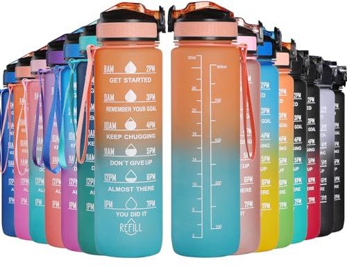 GeeRic Bottiglia Acqua 1 Litro, 1000ML Borraccia Sportiva Portatile Bottiglia Sportiva Scala/Cannuccia/Indicatore Tempo Prova di Perdite Borraccia Bici 1L a Palestra,Scuola,Sport Arancio/Azzurro