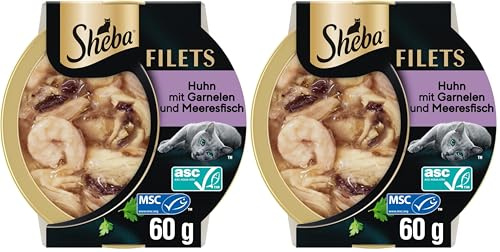 Sheba Filets - Feinstes Katzennassfutter in der Schale - Huhn mit Garnelen - (16 x 60g), 60 g (32er Pack)
