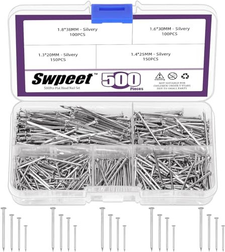 Swpeet Kit surtido de 900 clavos de 4 tamaños, clavos galvanizados plateados, clavos pequeños, clavos de alfiler, clavos de acabado, clavos para colgar, clavos de pared para colgar cuadros