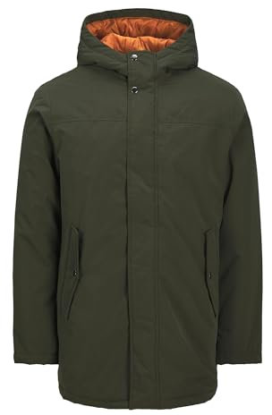 JACK & JONES Mens Parka Coat with Hood Windproof Features, Front Pockets, Heavy Duty Long Jacket for Men, Rosin Colour, Size- XL