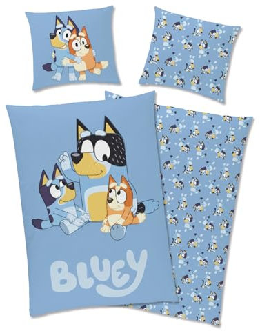 Aminata kids Bluey Bettwäsche 135x200 Kissen 80x80 Baumwolle Kinder-Wende-Bettwäsche-Set mit Reißverschluss hell-blau 2-teilig Lizenz-Bettwäsche BBC - Bluey, Bingo & Bandit