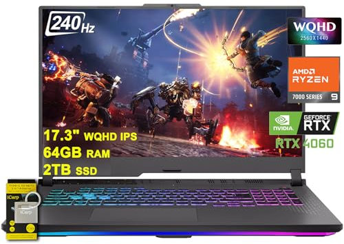 Asus ROG Strix G17 G713 Ordinateur portable de jeu 17,3 WQHD IPS 240 Hz AMD 12-Core Ryzen 9 7845HX (Beat i9-12900H) 64 Go de RAM 2 To SSD GeForce RTX 4060 8 Go USB-C RVB rétroéclairé Charge rapide