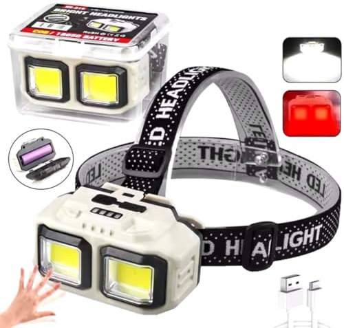 POLIBARA Linterna frontal LED Recargable USB alta pontecia LUZ, Sensor y luz Roja, inducción frontal cabeza, bateria litio, Pesca, Caza, Montaña camping, Deportes Impermeable
