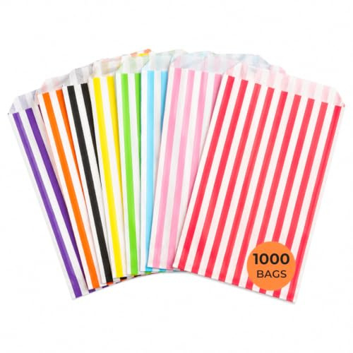 ezkart | 5x7 | Pack of 100 Assorted coloured striped paper bags Ideal for multiple occasions. Quality paper sweet bags (Mixed, 5x7-1000 Bags)