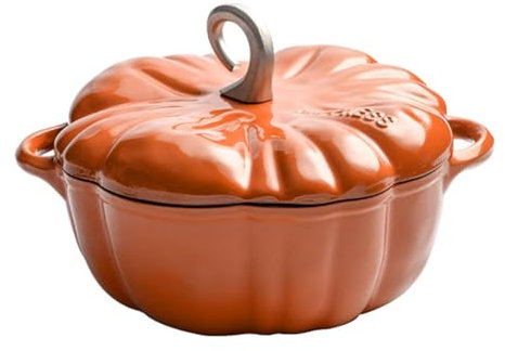 DECAKE Pumpkin Shape Cooking Pot Casserole with Lid and Handles, Cast Iron Dutch Oven, Non-Stick Stew Pot Soup Pot Halloween Cooking Pot Enamel Cookware Crock Pot for Soup Porridge Stew Gift 1.8L