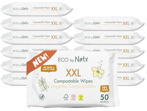 Naty XXL kompostierbare Baby Feuchttücher – Unparfümiert, 100% pflanzenbasiert, plastikfrei, hypoallergen für empfindliche Haut und dermatologisch getestet (XXL – 600 Tücher – 12 x 50 Stück)