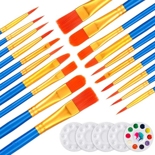 Gjinxi Paint Brush Set, 20PCS Artist Acrylic Paint Brushes with 5 Palettes, Fine Oil Watercolor Brushes Painting Paintbrushes for Face Body Rock Canvas, Kids Adult Drawing Arts Crafts Supplies