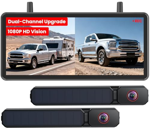 AUTO-VOX Dual Solar Rückfahrkamera Kabellos: Dual kameras für breite Abdeckung, 7,2 HD Split-Screen Monitor, Dual-Antennen Signal, DVR-Aufnahme, IP69K Rückfahrkameras für Wohnmobil, LKW, Anhänger