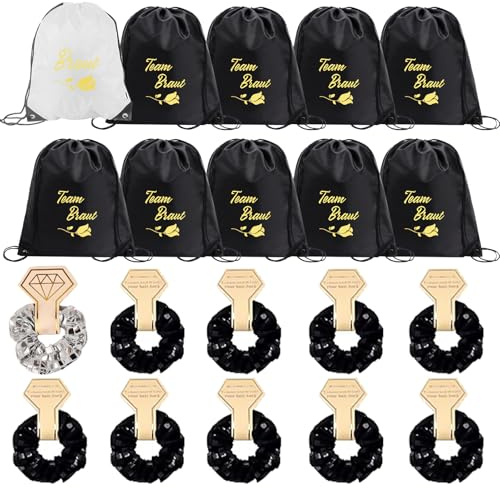 Begonia 20Pcs JGA Turnbeutel Team Bride mit Haargummis, Junggesellenabschied Braut Party Zubehör Accessoires, Frauen Beutel Set, Damen Rucksack Tasche mit Kordelzug Geschenke Für Hochzeit Verlobung