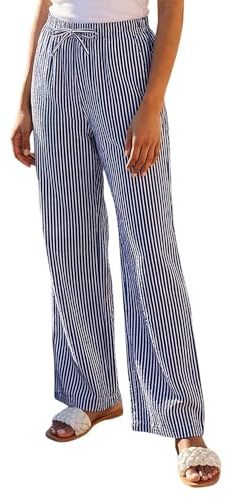 Roman Originals Wide Leg Trousers for Women UK - Ladies Palazzo Pants Floral Print Abstract Everyday Holiday Spring Summer Comfy Soft Evening Vacation Work Party - Navy Stripe - Size 16
