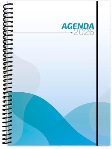 Jahresplaner 2026, A5-Format, Tag pro Seite, mit Kalendern, Kontakten, persönlichen Daten, Premium-Papier, 80 g, modernes Design, Spirale, flexibel, Schutzhüllen, elastisches Band, ideal für Büro