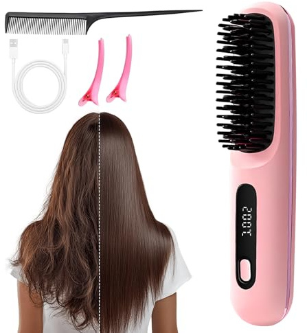 2 In 1 Glätteisen Locken und Glätten, 2025 Neu Tragbare Bürste, Glätten, Locken, Trocknen, 3 Wärmestufen Kabellos Glättungskamm mit LED-Anzeige Mini Lockenstab Bürste für Styling (Pink)