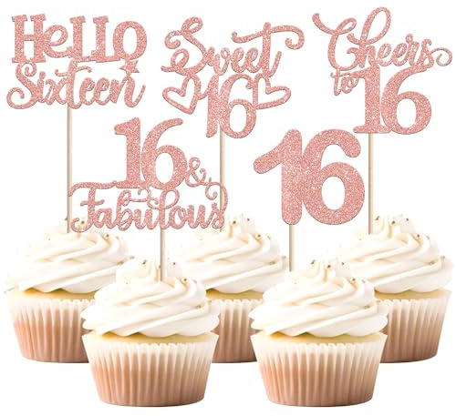 30 Stück 16th Geburtstag Tortendeko Glitzer Hello Sixteen Cheers to 16 Cupcake Toppers Sweet 16 Kuchen Deko für 16th Geburtstag Jahrestag Party Kuchen Dekoration Rosegold