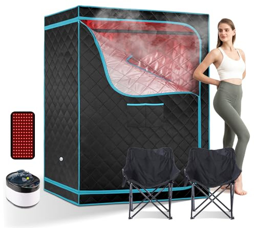 ZONEMEL Grand sauna à vapeur pour 2 personnes avec télécommande, cuiseur vapeur de 4 L, panneau de thérapie par lumière rouge et 2 chaises, spa portable pour la maison (120 x 90 x 160 cm)
