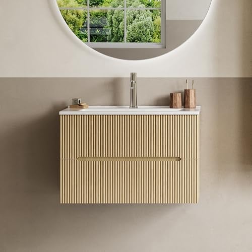 BRIDGE BENO Mueble de Baño Suspendido de 61 cm con Lavabo de Cerámica, 2 Cajones, Cierre Suave, Frontal Acanalado – Ideal para Baños Pequeños y Aseos de Invitados – Golden Sand