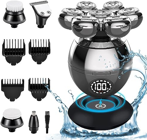 Rasoir tête chauve, rasoir électrique barbe 5 en 1 étanche IPX7 avec 7 têtes rotatives, affichage de la batterie et câble de charge de type C, rasoir à cheveux zéro pour nez oreilles corps visage