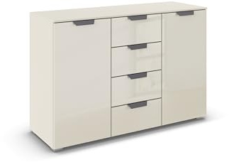 Rauch Möbel ADITIO, Kommode, Farbe Glas Beige, Breite 120 cm | Sideboard im modernen Look, 2-türig, 4 Schubladen, Glasfront, Soft-Close, für Schlafzimmer, Gästezimmer, Wohnzimmer, Flur