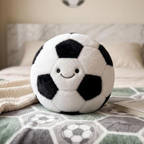 shownicer Fußball Zierkissen Flauschiges Football Dekokissen 25cm Schwarz | Kissen Fussball Geschenke Fussball Runder mit Feiner Stickerei Wohnzimmer Zimmer Fußball Deko