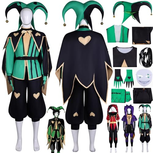 bbganlian Spiel Charakter Harlequin Cosplay Kostüm Outfit Pierrot Jester Rollenspiel Uniform Komplettes Set Halloween Party Karneval Dress Up Anzug mit Hut Maske für Männer