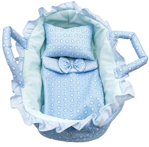 WORUIB Baby Doll Carrier, Portable Doll Bed and Cradle with Handle, 30 cm Blue Heart Design Baby Doll Crib, Ideal for Travel and Nurturing Play, Doll Nursery Accessory