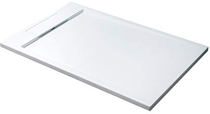 doporro Duschtasse Duschwanne 80x160x4 flach Mineralguss in Weiß DIN-Anschlüsse für bodengleiche Montage geeignet Geoma04