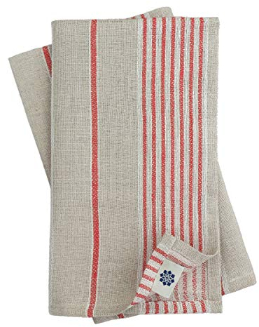 Linen & Cotton Hochwertige 4 x Stoffservietten/Servietten Stoff/Leinenservietten Ulla - 100% Leinen, Beige/Natur/Rot (43 x 43 cm) Streifen, Weihnachten für Haus/Home Küche Dekoration Esszimmer
