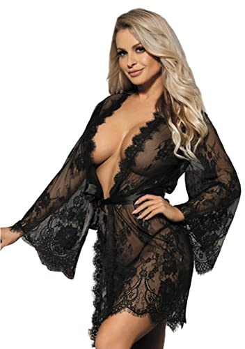 ohyeahlady Damen Kimono Sexy Spitzen Robe Volant Langarm Transparent Weiter Ärmel Morgenmantel Reizwäsche Nachtwäsche Bademantel Dessous Set mit G-String Gürtel Große Größen(Schwarz,XS-S)