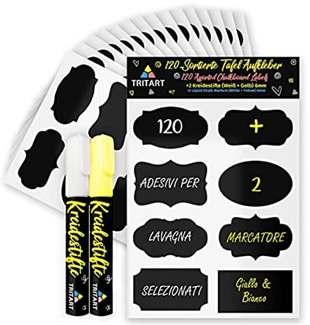 120 HOCHWERTIGE abwischbare Tafel-Aufkleber für Glas und Kunststoff I GRATIS 2 Kreide-Marker | selbstklebende Vintage-Etiketten I Für Marmeladen-Gläser etc. I 9 x 5cm Schwarz