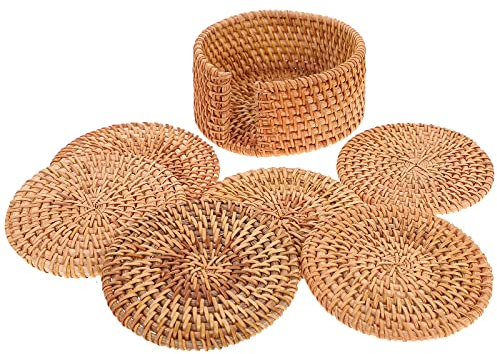 VOSAREA 6pcs Rund Getränkeuntersetzer Holz Bambus Glasuntersetzer Handgefertigt Geflochtene Untersetzer