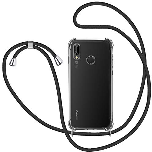 Handykette für Huawei P20 Lite Hülle mit Band, Transparent Silikon Handyhülle mit Kordel zum Umhängen Schutzhülle, Schwarz