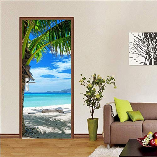 HSKABA Sticker Porte Poster Trompe l'oeil - Plage Ensoleillée avec Palmiers 77 x 200 cm - Décoration Murale Autoadhésif pour Cuisine, Salon, Chambre, Salle de Bain