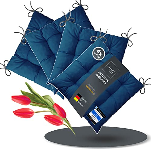 LILENO HOME 4er Set Stuhlkissen Dunkelblau (40x40x6 cm) - Sitzkissen für Gartenstuhl, Küche oder Esszimmerstuhl - Bequeme UV-beständige Indoor u. Outdoor Stuhlauflage als Stuhl Kissen