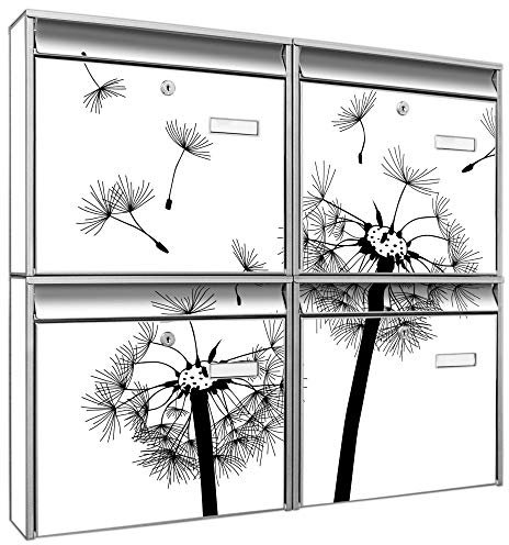 Briefkastenanlage 4 Fach | Postkästen 72x64x10cm groß | verzinkter Stahl schwarz DIN A4 Motiv Pusteblume 2 | Briefkasten Set 4 Briefkästen Namensschild, 2 Schlüssel, Montagematerial