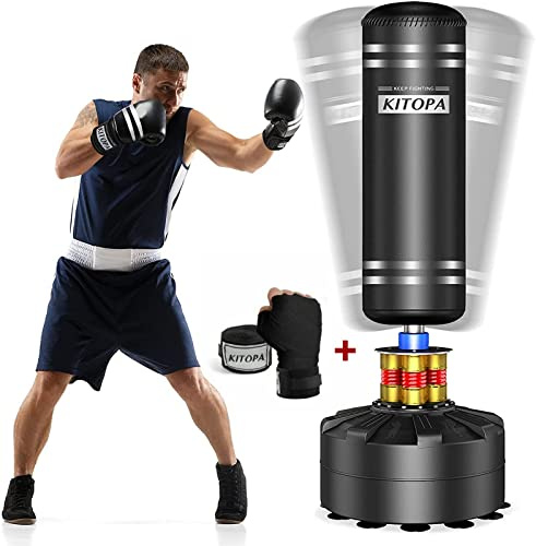 Kitopa Adult Free Standing Punching Bag with Suction Cup Base for Home Gym | 70-205lbs Standing Boxing Bag with Shock Absorb, Hand Wraps for Home Gym, Men Kickboxing MMA Punch Bag for Adult Kids