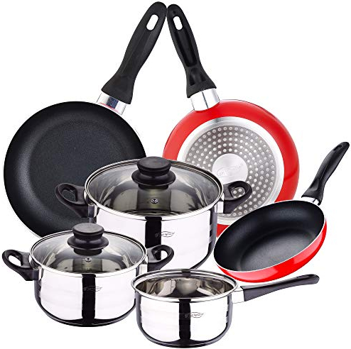 San Ignacio PK2356 Batería de cocina 5 piezas acero inoxidable y set 3pcs sartenes rojo, aluminio prensado, inducción, 16/20/24 xm
