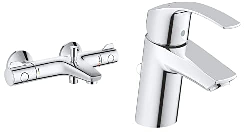 GROHE Grohtherm 800 - Thermostat- Wannenbatterie (inkl. Auslauf mit Mousseur, Sicherheitssperre bei 38°), chrom & Eurosmart - Einhand-Waschtischarmatur für das Bad (S-Size, mit Zugstange), chrom
