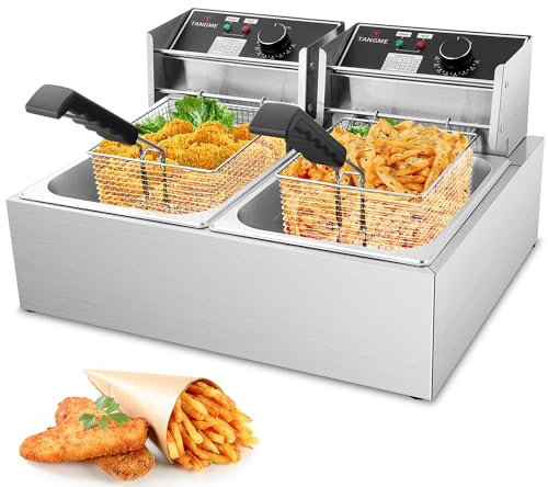 Commercial Deep Fryer, 5000W Electric Deep Fryers with 2x6.35QT Baskets 0.6mm Thickened Stainless Steel Countertop Oil Fryer 20.7QT Large Capacity with Temperature Limiter