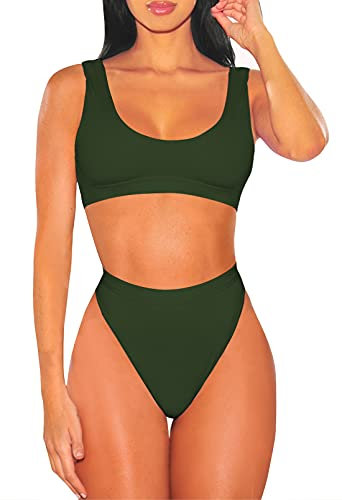 Viottiset Damen Bademode, bauchfreies Top, Bikiniset, 2-teilig Badeanzug mit hoher Taille, Strandkleidung, Push Up 01, Armeegrün, M