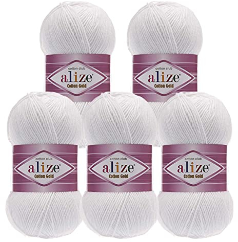 5 x 100g Strickgarn Alize Cotton Gold Uni Klassikgarn Häkelgarn Strick-Wolle Farbwahl, Farbe:55 weiß