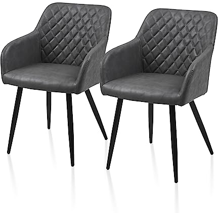 TUKAILAI Esszimmerstühle 2er Set aus Kunstleder, Modern Küchenstuhl Polsterstuhl Wohnzimmerstuhl Sessel mit Armlehnen Rückenlehne Metallbeinen, für Küche Esszimmer Wohnzimmer Lounge,Dunkelgrau