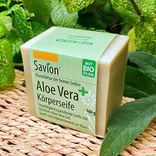 Savion Aloe Vera Plus Körperseife, Feuchtigkeitsspendend, regenerierend, mit frischem Aloe Vera Gel, Vegan, Palmölfrei, 160g