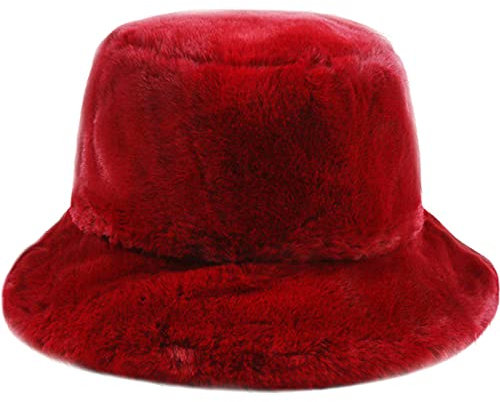 Malaxlx Damen Rot Plüsch Fischerhut Wintermütze Flauschige Bucket Hat Warme Anglerhut Pelzig Eimer Hut Fischermütze